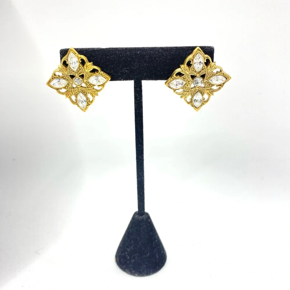 Goldtone Rhinestone Square Pierced Earrings
